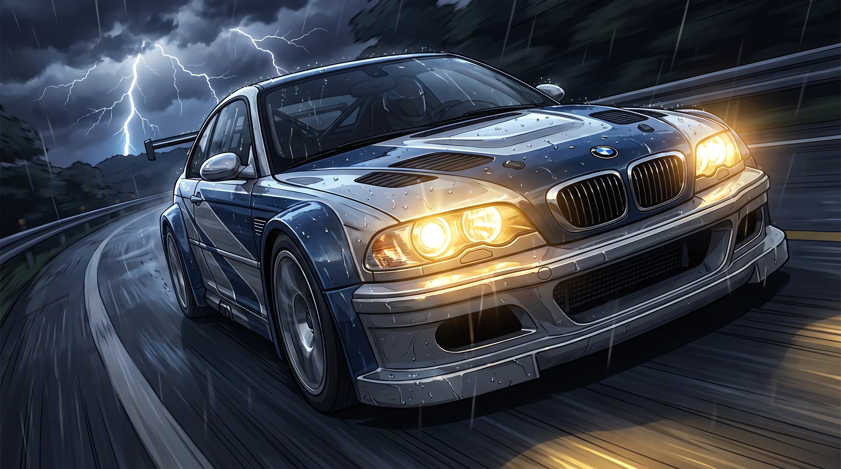 BMW M3 GTR, едет по дороге, эпичный ракурс, горящие фары, на фоне молнии, шедевр, крупный план, стиль аниме с реалистичными деталями