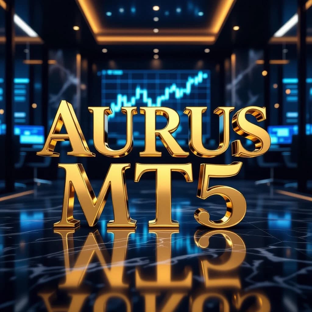 Luxurious 3D typography of the "Aurus MT5" crafted from polished solid gold. The text is set against a dark marble floor. Background: A crisp, high-tech trading floor with glowing blue holographic graphics and screens. Cinematic lighting, soft bokeh, an elegant atmosphere, and 8K resolution capture the photorealistic style of the financial elite.