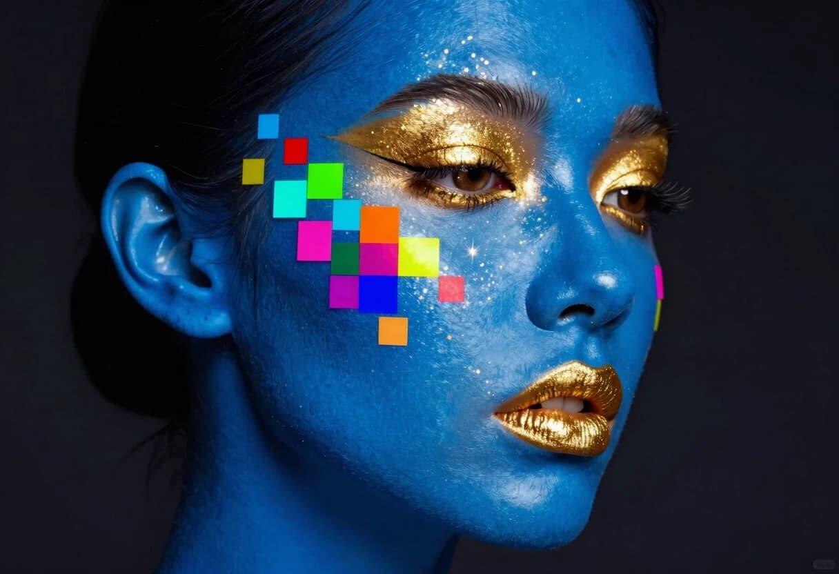 "Woman's face profile, blue skin with gold makeup on eyes and lips, colorful pixelated squares floating around her face, glitter effect, dark background, cyberpunk style."