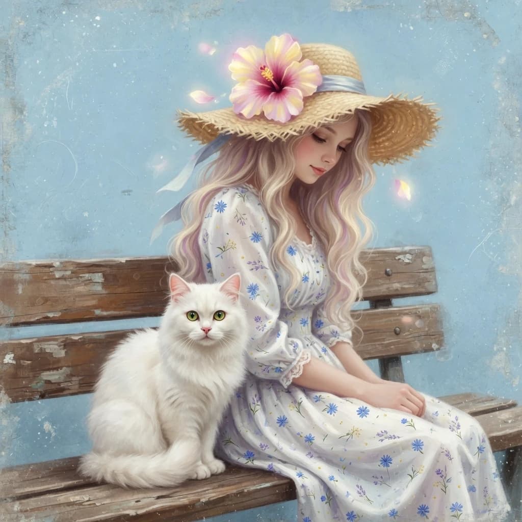 The image is a digital art piece that features a young woman with long blonde hair and a large straw hat with a large flower on top. She is wearing a white dress with a floral pattern and is sitting on a wooden bench. Next to her, there is a white cat with green eyes sitting on the bench. The background is a light blue color with a grungy texture. The overall mood of the image is dreamy and ethereal.