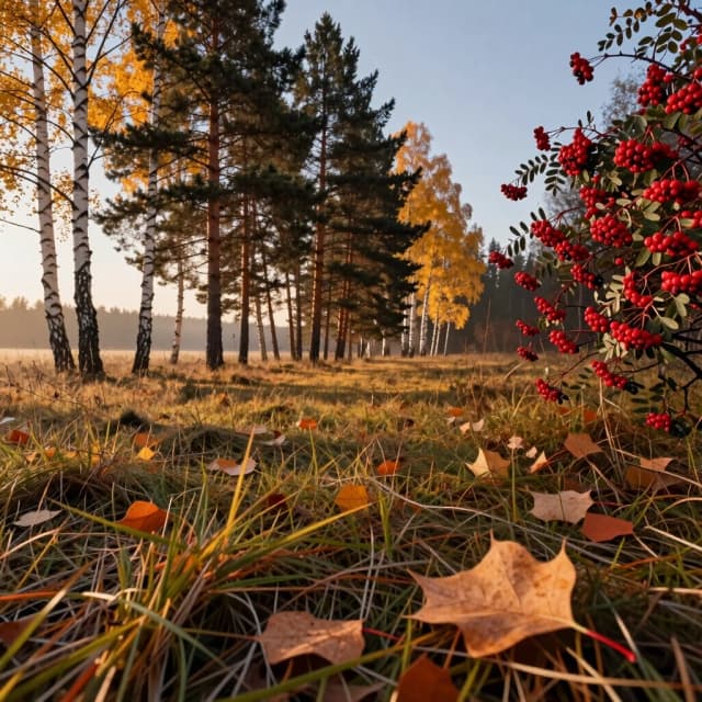 Photorealistic depiction of early autumn, cinematic shot from eye level. In the foreground: a small clearing with withered grass and scattered leaves; a large aspen leaf lies right on the eye line. Behind the clearing — the forest edge where birches, aspens, pines, and rowans grow freely: birches with a light yellow tint, aspens with a warm golden hue, pines with dense dark green crowns, and rowans with bright berry clusters. Early morning: the sun has already risen; the light is soft and diffused, long shadows stretch across the grass. The air is crystal clear, evoking a sense of space and silence. In the distance — a faint forest line, the sky is clear and pale blue. No people or buildings. Color palette: gold, ochre, terracotta, dark green, scarlet, soft gray. Medium depth of field: focus on the grass and leaves, background softly blurred. High detail: blades of grass, bark, needles, berries. Realistic photography style, 8K.