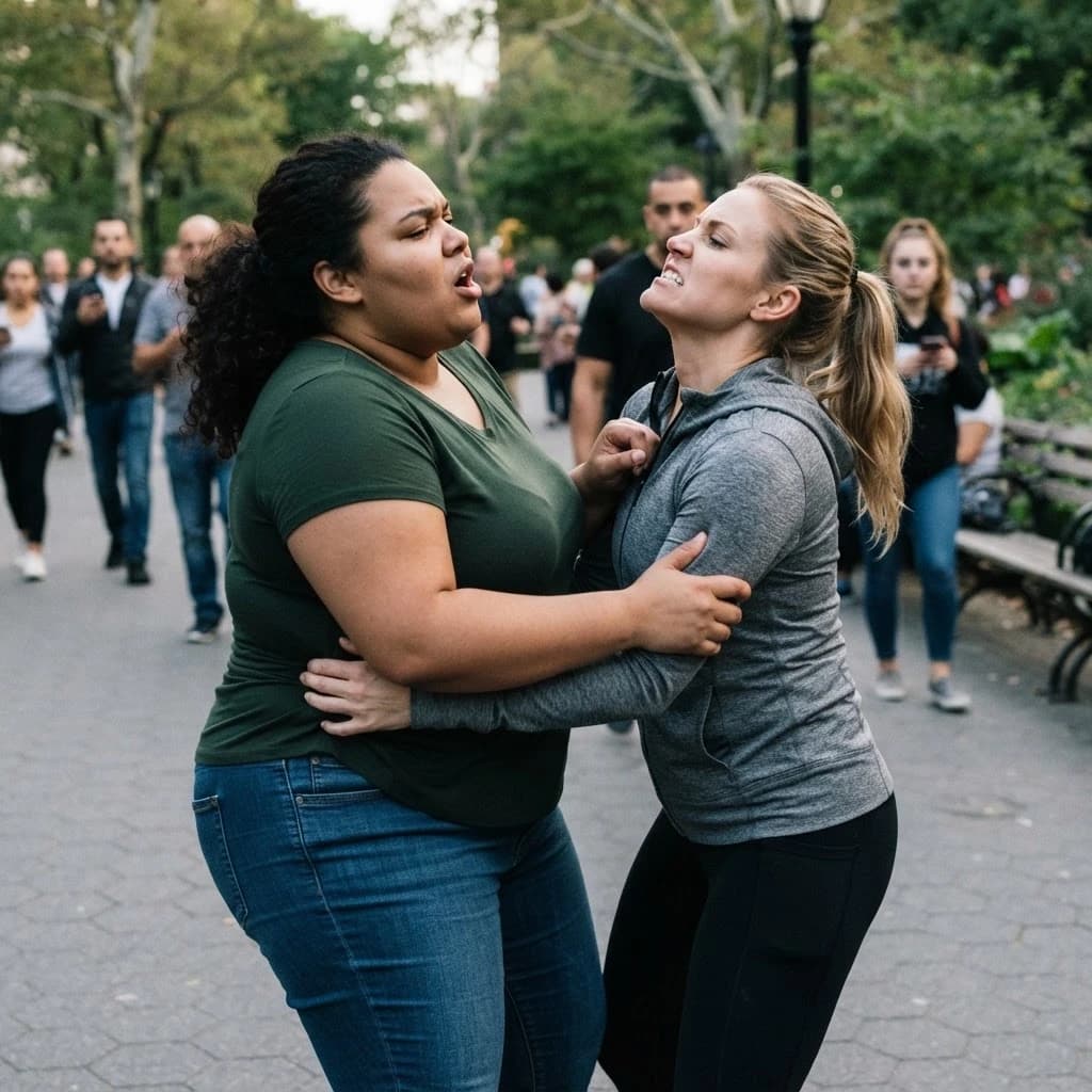 A struggle ensues between two women: the lighter one on the right and the larger one on the left. The lighter woman has seized the initiative and is squeezing the larger woman's waist, who exhales sharply as her waist and chest are compressed. The woman on the right clenches her teeth and throws her head back in tension. The larger woman is focused on releasing her grip and freeing her waist, inhaling air. She is breathing heavily and groaning.