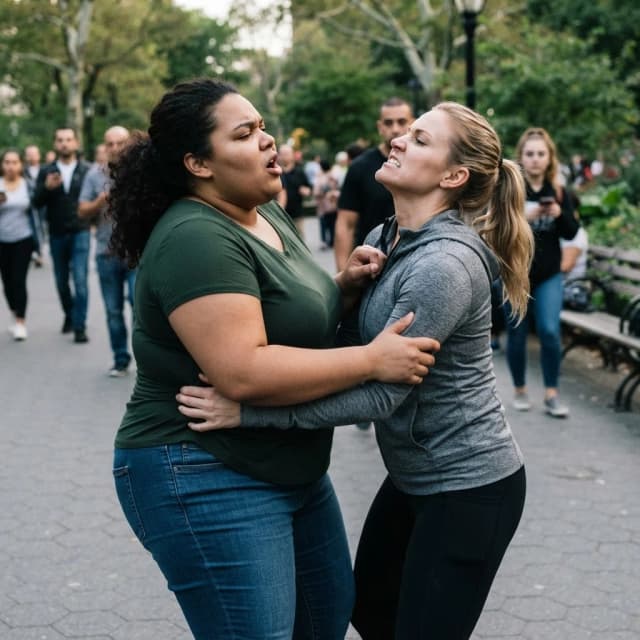 A struggle ensues between two women: the lighter one on the right and the larger one on the left. The lighter woman has seized the initiative and is squeezing the larger woman's waist, who exhales sharply as her waist and chest are compressed. The woman on the right clenches her teeth and throws her head back in tension. The larger woman is focused on releasing her grip and freeing her waist, inhaling air. She is breathing heavily and groaning.