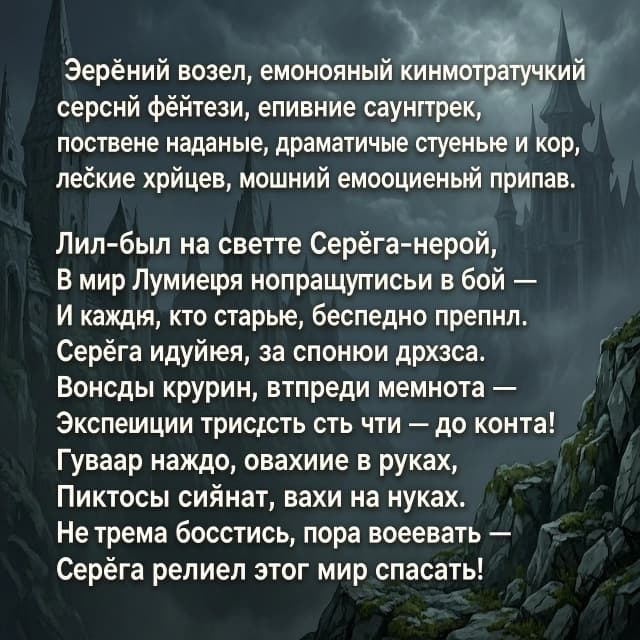 Женский вокал, эмоциональная кинематографичная песня, мрачное фэнтези, эпичный саундтрек, постепенное нарастание, мощный припев, драматичные струнные и хор, темп около 90 BPM. Голос молодой девушки, чистый и выразительный, с лёгкой хрипотцой. Исполнять текст про Серёгу и Экспедицию 33.


Можешь сделать Женский вокал, эмоциональная кинематографичная песня, мрачное фэнтези, эпичный саундтрек, постепенное нарастание, мощный припев, драматичные струнные и хор, темп около 90 BPM. Голос молодой девушки, чистый и выразительный, с лёгкой хрипотцой. Исполнять текст про Серёгу и Экспедицию 33

Да — вот готовая версия для генератора музыки:

Стиль: женский вокал, эмоциональная кинематографичная песня, мрачное фэнтези, эпичный саундтрек, постепенное нарастание, драматичные струнные и хор, около 90 BPM; молодой чистый женский голос с лёгкой хрипотцой, мощный эмоциональный припев.

Текст:
Жил-был на свете Серёга-герой,
В мир Люмиеры отправился в бой.
Там Художница пишет последний финал —
И каждый, кто старше, бесследно пропал.

Серёга идёт, за спиною друзья,
Враги наступают — отступать нельзя.
Монстры кругом, впереди темнота —
Экспедиция тридцать три — до конца!

Гюстав рядом, оружие в руках,
Пиктосы сияют, враги на ногах.
Не время бояться, пора воевать —
Серёга решил этот мир спасать!