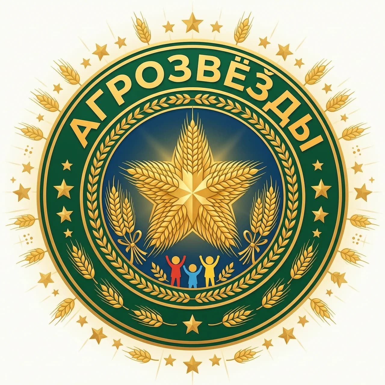 Эмблема с названием АГРОЗВЁЗДЫ. На эмблеме должна быть звезда, колосья ( Или звезда из колосьев), что- то сельскохозяйственное и могут быть дети. Эмблема должна быть яркая. В словах не должно быть ошибок, должно быть только одно слово АГРОЗВЁЗДЫ