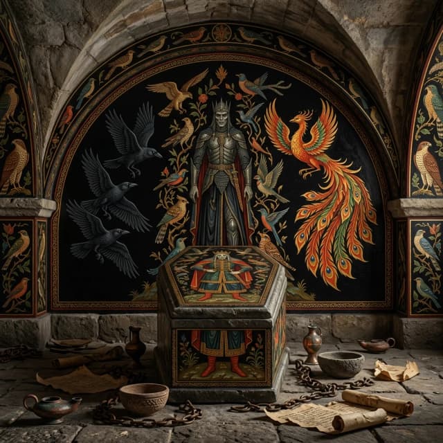Hyper-realistic cinematic shot: the interior of an ancient tomb, low stone vaults. The Palekh-style walls feature a black lacquer background, clear gold contours, and bright accents of cinnabar, emerald, and lapis lazuli. A large mural depicting Koshchei the Immortal; around him are birds, executed with the clarity of Bilibin's ornament and Vasnetsov's clear silhouettes. Phoenix with a clear layered tail: each feather has a clear flame shape, bordered with gold, without blurring. Three crows in dense diagonal flight: compact bodies, matte black plumage with noticeable individual feathers, clean wedge-shaped tails, sharp eyes and beaks. Additional stylized hawks and songbirds on the curbs — all with clear shapes, clear outlines, without blurring.
In the center: a massive closed sarcophagus in the same Palekh style and with an image in the form of a painting of Koshchei the Immortal. In the foreground: extinguished copper lamps, clay bowls, bronze chains, crumbling scrolls.
High-detail macro photography, no text. Atmosphere: ancient, solemn, mystical.