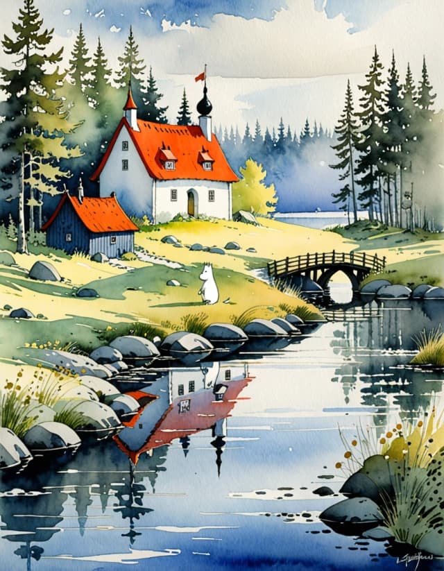 A masterpiece. Style: watercolour. (Image. Moomin.):1.8. High quality. High resolution. Increased attention to fine details and texture. Artist: Sergey Andriyaka.