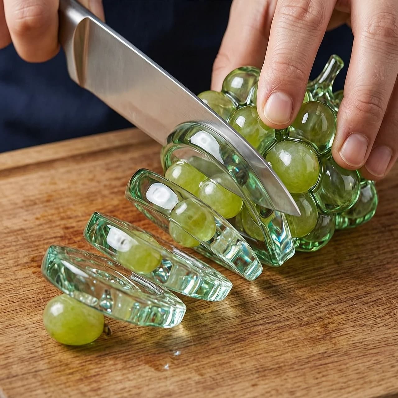 Highly realistic ultra 8K ASMR video of a human hand slicing a hyper-detailed, glass sculpture of a (green grapes) on a wooden cutting board. The object resembles glossy blown glass reflective, slightly tinted, and sparkling with internal highlights. The camera is in close-up with shallow depth of field, capturing cinematic lighting and detailed glass textures. The knife moves smoothly and deliberately, making three separate satisfying cuts one after another creating 3 to 4 clean, evenly spaced slices. Each stroke feels precise and crisp, with realistic slicing sound and natural motion. The sliced pieces gently separate, glimmering like cut crystal. No background distractions, same iconic camera angle as professional food ASMR videos.