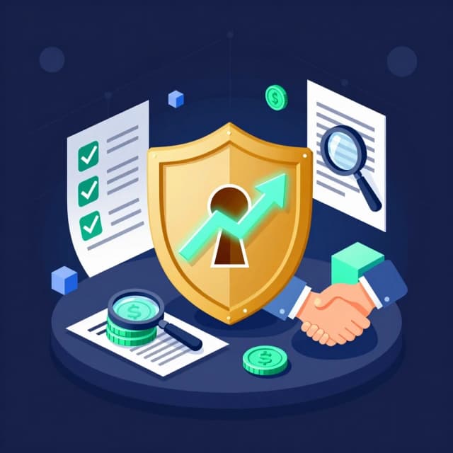 Isometric 3D illustration of tax optimization concept. Central element: a large golden shield with a keyhole, inside the shield is an upward trending arrow made of glowing green coins. Around it: floating papers with checkmarks, a magnifying glass over a tax form, and a handshake gesture formed by two geometric blocks. Background: dark blue gradient with subtle grid lines. Soft neon cyan and gold highlights. Clean, modern, vector-like, corporate style. --ar 16:9 --v 6.0
