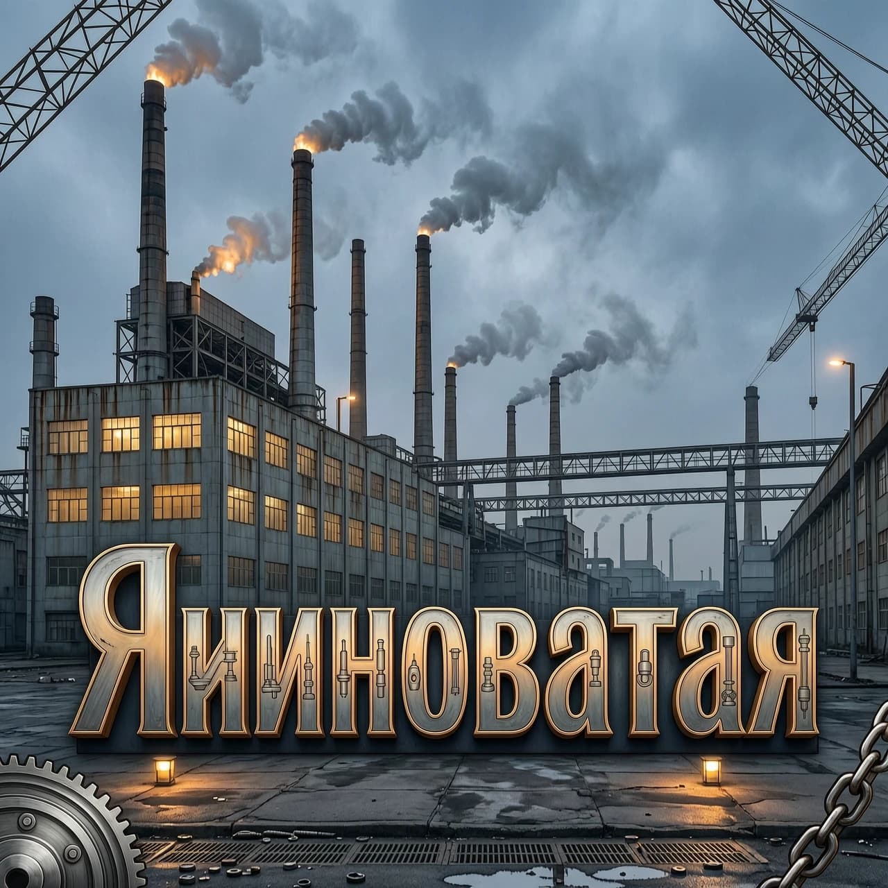 Слово «Ясиноватая» выполни в декоративном леттеринге: плавные, но мощные линии, стилизованные под кованый металл и литьё. В орнамент интегрируй миниатюрные изображения станков, валов, литейных форм. Фон — вид на машиностроительный завод с низкого ракурса, чтобы подчеркнуть масштаб зданий. Добавь лёгкий эффект воздушной перспективы и дымки. Палитра — холодные серо‑голубые оттенки с тёплыми жёлто‑оранжевыми бликами от заводских огней. Стиль — полуреализм, акцент на художественную стилизацию, высокая чёткость деталей.