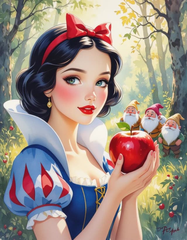 A masterpiece. Creating an image. The style is watercolor painting. Delicate watercolor on raw material.((Snow White with white delicate skin, expressive eyes, clear facial features, with a red apple in her hand, and (the seven dwarfs:1.7) against the background of a fantastic forest, on a sunny beautiful day:1.6)). High resolution. High detail and clear texture. Close-up. High quality. Increased attention to small details. The aspect ratio is 3:4. The artists are Levitan, Shishkin.