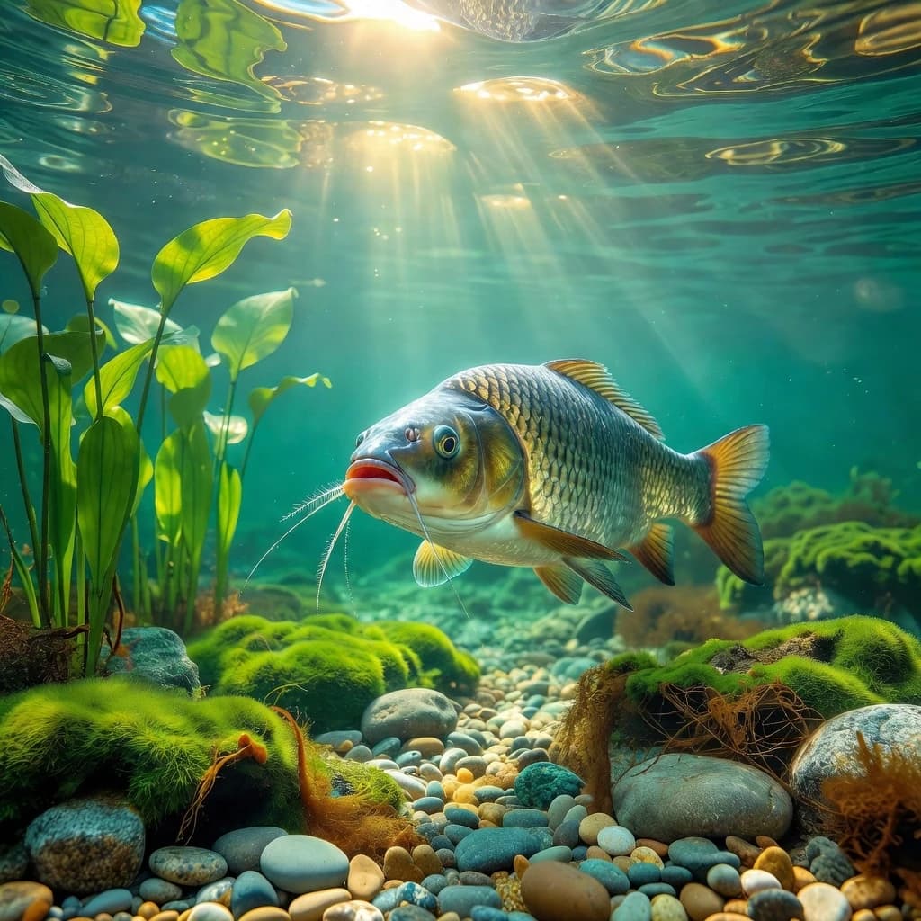 Photorealistic underwater shot of a large fish (resembling a carp or barbel) with prominent barbels, scales, and a pale belly. The fish is swimming directly towards the camera above a rocky riverbed. The bottom is covered with smooth pebbles of various sizes, fluffy green moss, and brown algae. On the left, tall bright green aquatic plants (resembling lily pads) are growing, reaching towards the surface. Bright sunbeams pierce through the clear turquoise water from above, creating a distinct "God rays" effect and water surface reflections. Peaceful atmosphere, sharp focus, detailed textures, macro aquarium photography, cinematic lighting, 8k, ultra-detailed.