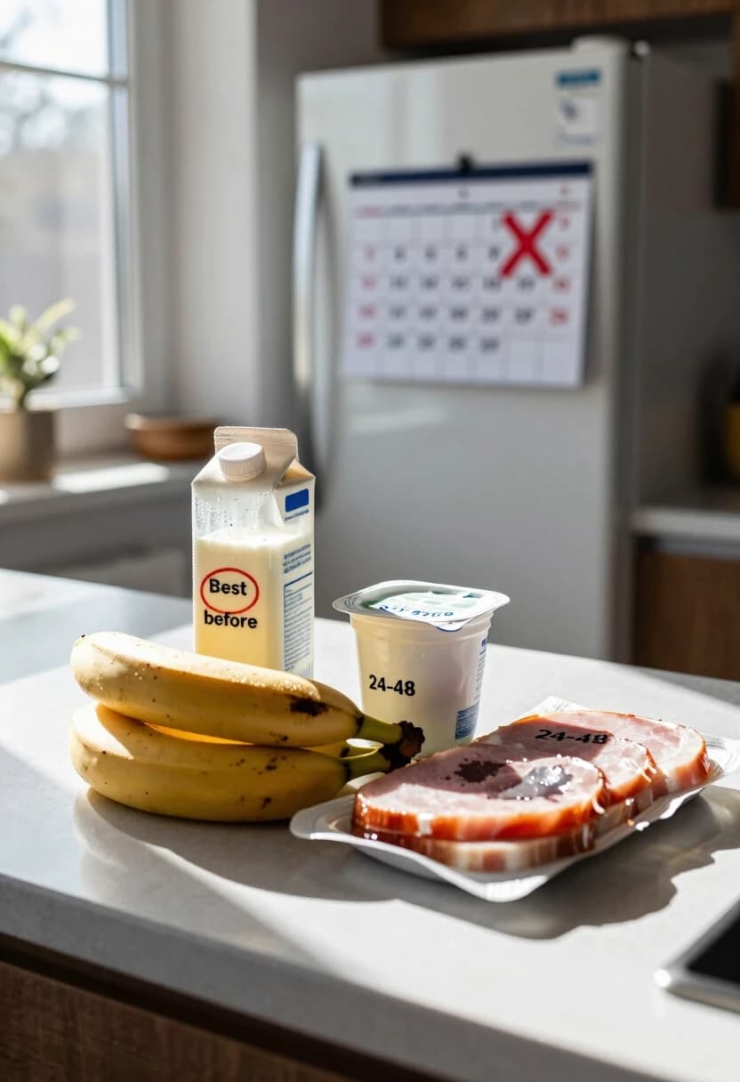 Photorealistic, 8K, cinematic lighting. A close-up of a kitchen countertop in a sunlit morning kitchen. In the center, a small cluster of perishable groceries with visible expiration dates: a carton of milk with the “Best before” date circled in red marker, two ripe bananas with brown spots, a yogurt cup with the lid slightly ajar, and a plastic-wrapped pack of sliced ham where the printed date is smudged but still legible. The dates are all within 24–48 hours of expiring. Soft natural light streams through a nearby window, casting gentle shadows and highlighting condensation droplets on the milk carton and the sheen on the ham. The background is softly blurred, showing a fridge with a magnetic calendar where the current date is marked with a red X. Mood: quiet urgency, domestic realism. No text overlays, no logos.