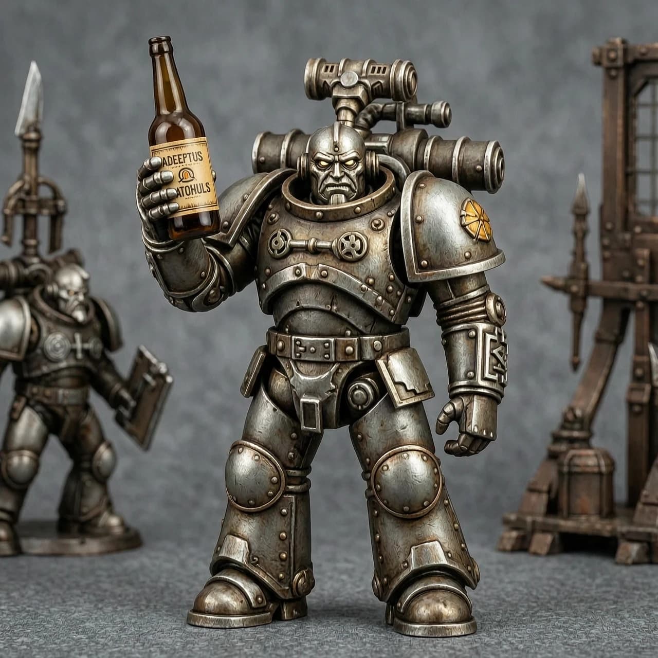 Техножрец Адептус Механикус из вселенной Warhammer 40000 с бутылкой алкоголя