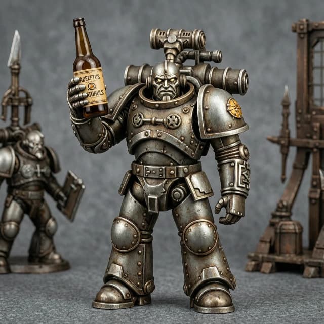 Техножрец Адептус Механикус из вселенной Warhammer 40000 с бутылкой алкоголя
