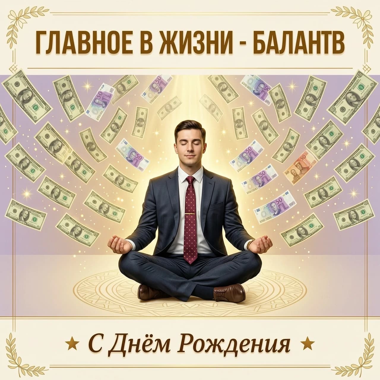 На изображении представлен белый мужчина в офисном костюме, сидящий в классической позе лотоса. Вокруг медитирующего мужчины в воздухе парят денежные купюры различных номиналов. Купюры словно спускаются сверху, создавая ощущение потока благополучия и успеха.

Цветовая гамма:
Фон может быть выполнен в спокойных, нейтральных тонах — светло-бежевых или пастельных оттенках, чтобы не отвлекать внимание от главного элемента композиции. Сами купюры могут быть изображены в золотистых или серебристых тонах, подчёркивая их ценность и значимость.

Надпись:
Над изображением надпись: «ГЛАВНОЕ В ЖИЗНИ - БАЛАНС». 
Под изображением надпись : «С Днем Рождения «