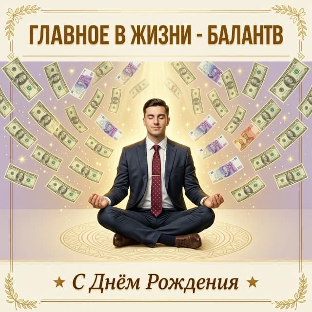На изображении представлен белый мужчина в офисном костюме, сидящий в классической позе лотоса. Вокруг медитирующего мужчины в воздухе парят денежные купюры различных номиналов. Купюры словно спускаются сверху, создавая ощущение потока благополучия и успеха.

Цветовая гамма:
Фон может быть выполнен в спокойных, нейтральных тонах — светло-бежевых или пастельных оттенках, чтобы не отвлекать внимание от главного элемента композиции. Сами купюры могут быть изображены в золотистых или серебристых тонах, подчёркивая их ценность и значимость.

Надпись:
Над изображением надпись: «ГЛАВНОЕ В ЖИЗНИ - БАЛАНС». 
Под изображением надпись : «С Днем Рождения «