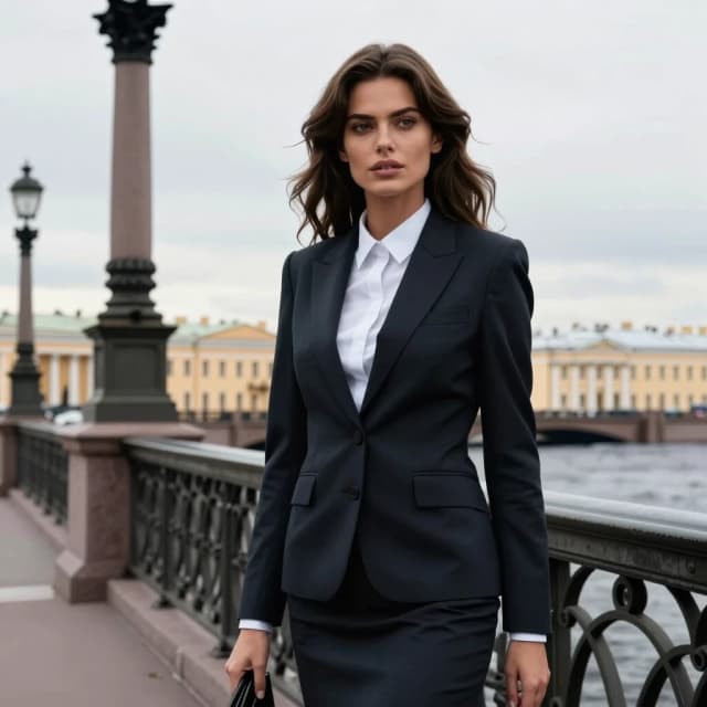 Красивая девушка, шотенка очень похожая на сексуальную актрису Анну Ковальчук в строгом костюме стоит на питерском мосту. На фоне набережная с растральными колоннами.