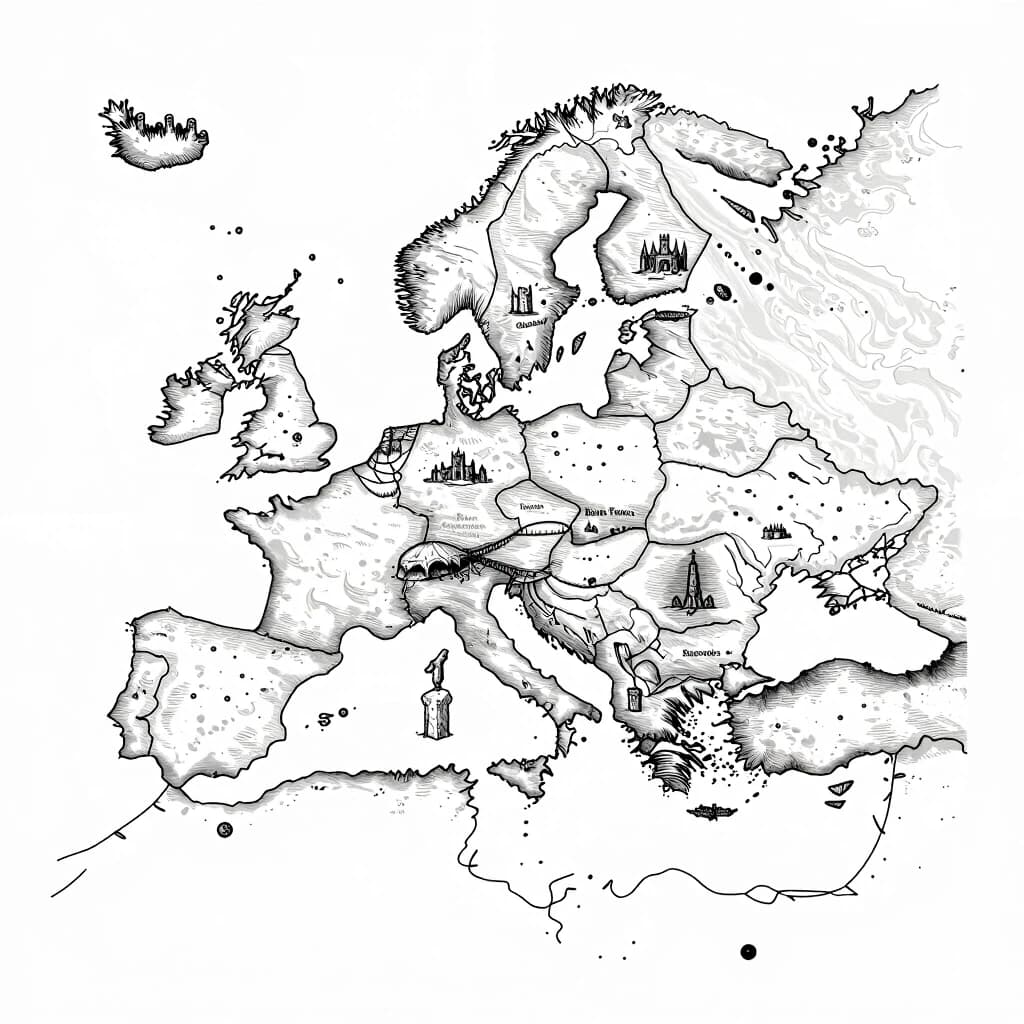 2D top-down authentic gritty dark fantasy large-scale strategic nautical map, high-detail medieval woodcut style, inspired by Tainted Grail: Fall of Avalon. Pure white background with sharp, ultra-thin black outlines, strictly no frame, no borders, no fills, no gradients, clean line art. The sea area is rendered with realism, using fine vintage wave etching:1, strictly no shipping lanes, strictly no sea routes, strictly no surrounding islands, strictly no sea creatures. Sharp, realistic coastlines feature minimal, clean traditional dark fantasy cartography outline hatching to ensure clarity. The map depicts one single massive continent island, rendered as a detailed hand-drawn topography layout where numerous tiny points of interest are randomly scattered across its diverse territories, leaving plenty of empty space between them. The island features multiple randomly scattered landmarks divided by distinct biomes including Volcanoes:1, Frozen Fortresses:1, Megalithic Castle Ruins:1, Ruined Castles:2, Sunken Ruins:2, Glacial Rivers:2, Overgrown Temples:2, Abandoned Cathedrals:2, Ancient Altars:3, Swamps:3, Ice Caves:3, Ice Canyons:3, Cursed Monoliths:3, Caves:4, Burnt Forests:4, Wooden Bridges:4, Stone Obelisks:4, Rope Bridges:4, Ritual Altars:4, Lone Watchtowers:4, Deserted Villages:4, Plagued Dungeons:4, Execution Grounds:4. Every object, terrain line, and topographic feature is rendered exclusively as a hollow, high-contrast gritty medieval engraving line. Strictly zero solid black blocks, strictly zero text words, highly detailed masterwork.