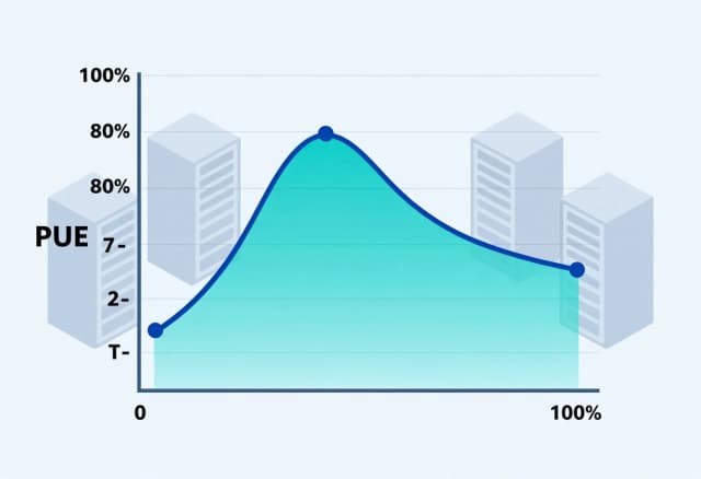 Clean isometric vector infographic showing a line graph. X-axis represents IT load percentage (0-100%), Y-axis represents PUE value. The curve starts high at low load, dips to an optimal zone around 70-80% load, then slightly rises. Background shows faint silhouettes of server racks at different heights. Flat design, blue-teal-cyan color palette, gray‑blue background, minimal professional tech style, smooth gradient curve, no text, no grid clutter.