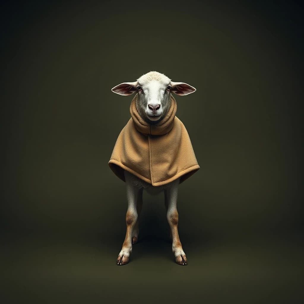 Draw a symmetrical frontal frame in the style of Wes Anderson for the A6 format. In the center is a full—length sheep (in a relaxed pose), with a light olive—colored cape on her shoulders. The background is a muted matte olive, without unnecessary elements. Palette: olive, dark gray, brown, beige. The lighting is subdued, atmospheric, and soft shadows. High detail: the texture of the cape fabric, the proportions of the sheep are anatomically precise. No labels. 8K, cinematic style.