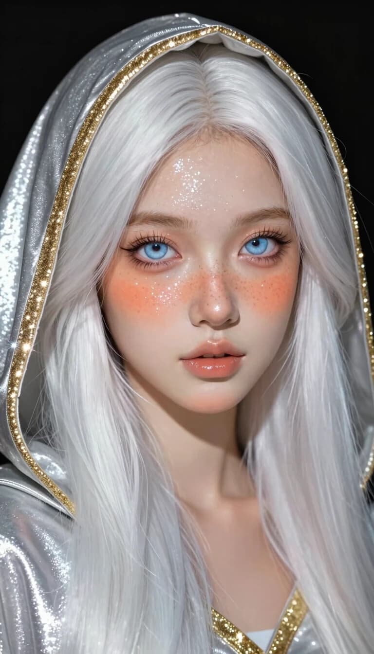 Tight close up portrait, young woman with long silky platinum white hair, bright pale blue eyes, soft freckles across nose and cheeks. Fine iridescent white glitter dusted across her skin, warm peachy blush, glossy natural lips, long dark lashes. She wears a shimmering liquid silver hooded cloak with a thick glittering gold trim along the hood edge. Soft warm rim lighting against solid black background, glitter catches the light with tiny glowing sparkles, smooth skin texture, polished digital painterly style, sharp focus on eyes.