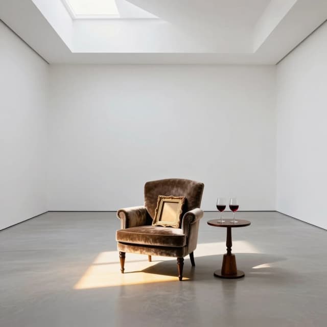Minimalist conceptual fine art photography of a single empty, luxurious velvet armchair placed in the middle of a vast, empty white gallery room with high ceilings. A single ray of dramatic golden light falls from the window onto the chair. On the seat of the chair lies a single elegant empty vintage frame. Next to the chair, a small side table holds two full glasses of red wine that are untouched. The composition feels peaceful, philosophical, and full of unspoken potential. The beauty of emptiness and meaningful silence, soft shadows, extremely detailed texture of velvet and wood, museum aesthetic --ar 16:9