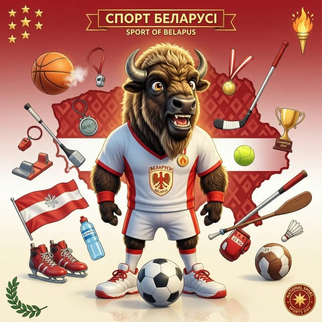 Разные элементы спорта с инвентарем. Зубр в спортивной форме по центру на фоне контура Беларуси в стиле pixar