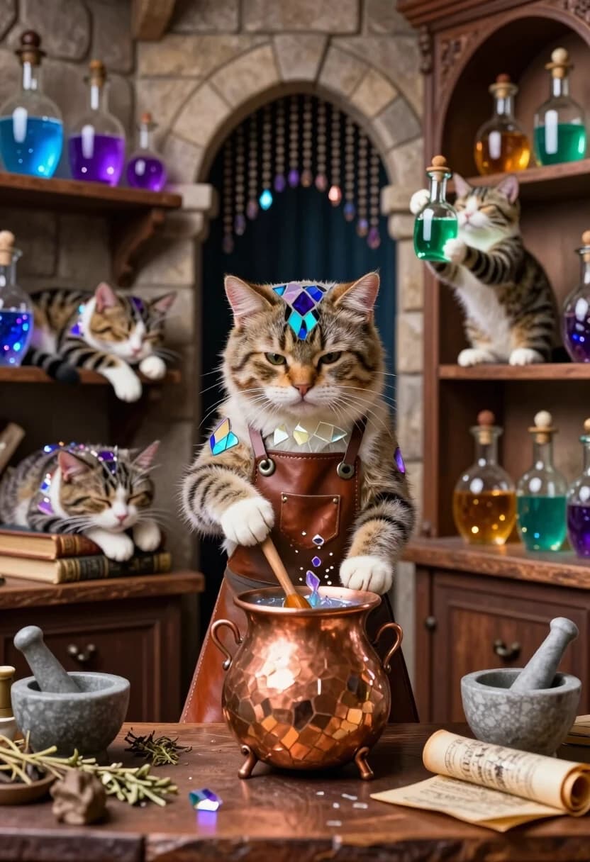 Создай сцену в технике «Luminous Crystal Mosaic Style»: уютная зельеварня, которой управляют коты. В центре — крупный пушистый кот в миниатюрном кожаном фартуке; он стоит на задних лапах у медного котла, помешивает варево деревянной ложкой, мордочка серьёзная, уши чуть прижаты от сосредоточенности. Слева на полке дремлет второй кот — он свернулся клубком на стопке старинных книг, лапы свисают, усы подрагивают во сне. Справа третий кот ловко ставит на полку склянку с изумрудно‑зелёным зельем: поза динамичная, будто он только что подпрыгнул. Полки уставлены стеклянными сосудами с мерцающими жидкостями — синими, фиолетовыми, янтарными; свет от зелий преломляется в мозаичных гранях, создавая россыпь цветных бликов. На столе — ступка с пестиком, сушёные травы, свитки. Фон — каменные стены с арками, в глубине — занавес из бусин. Детали мозаики: грани «кристаллов» на шерсти котов чуть крупнее, чтобы подчеркнуть пушистость; на жидкостях — тонкие переливы. Композиция — средний план, акцент на главном коте у котла.