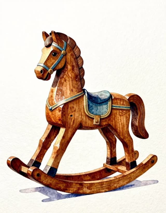 A masterpiece. Creating an image. The style is watercolor painting. Delicate watercolor on raw, on paper.((Wooden carved rocking horse:1.6)). High resolution. High detail and clear texture. Intense close-up. High quality. Increased attention to small details. The aspect ratio is 3:4. Artists - Levitan, Shishkin.u
