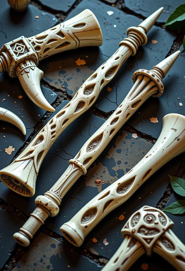 view strictly from above, several bone spiked clubs, crafted from ancient, weathered ivory-colored bone, laid out on the stone floor
