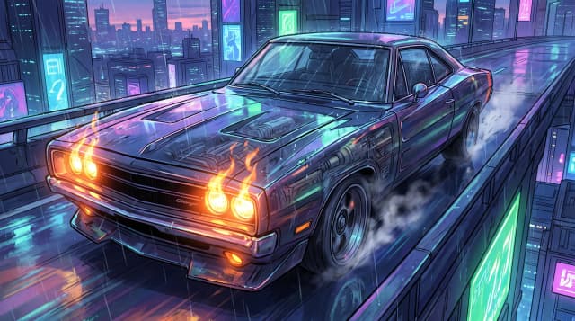 Dodge Charger 2026 года, едет по дороге, эпичный ракурс, горящие фары, шедевр, крупный план, стиль аниме с реалистичными деталями, киберпанк,