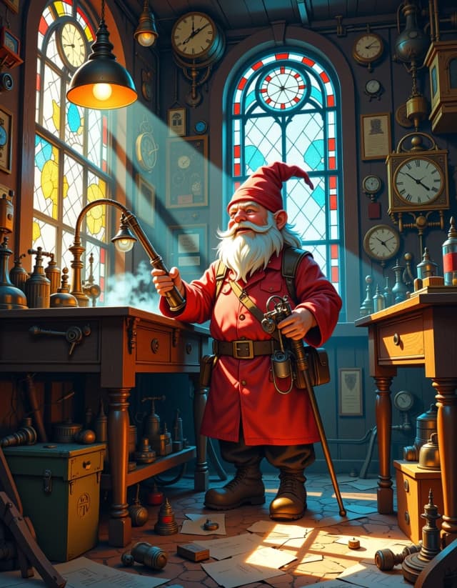 A masterpiece,  in the style of the 1980s, with bold lines, dynamic strokes and rich textures, on background with a touch of nostalgia, perhaps with subtle drawings inspired by cellulose and vintage, worn textures similar to paper, oil painting, a steampunk-inspired digital illustration of a gnome inventor in a cluttered
workshop, surrounded by intricate machinery, the camera angle is a medium shot,
gnome's enthusiastic expression, the lighting is warm and atmospheric,
with rays of sunlight streaming through stained glass windows, casting vibrant
colors and shadows across the room, the style combines elements of steampunk
and clock-punk, resembling the works of Jules Verne and H.R. Giger, detailed
and intricate, it is a visually stunning artwork that captures the imagination, hdr