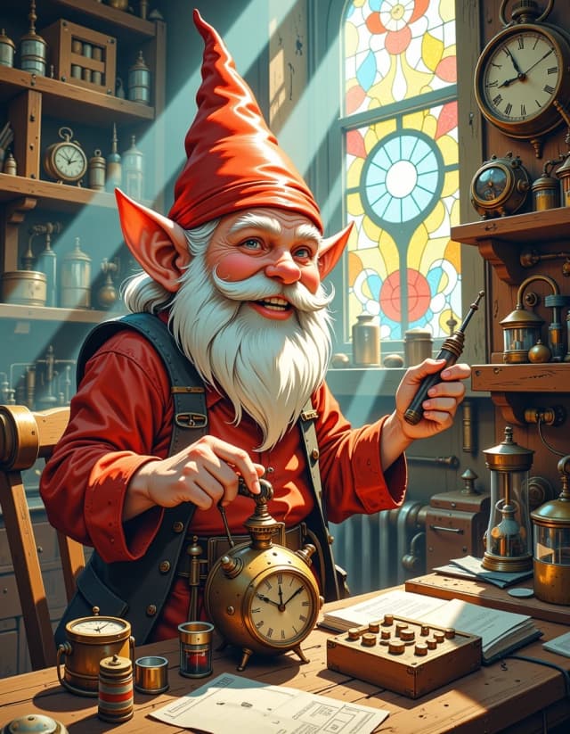 A masterpiece,  in the style of the 1980s, with bold lines, dynamic strokes and rich textures, on background with a touch of nostalgia, perhaps with subtle drawings inspired by cellulose and vintage, worn textures similar to paper, oil painting, a steampunk-inspired digital illustration of a gnome inventor in a cluttered
workshop, surrounded by intricate machinery, the camera angle is a medium shot,
gnome's enthusiastic expression, the lighting is warm and atmospheric,
with rays of sunlight streaming through stained glass windows, casting vibrant
colors and shadows across the room, the style combines elements of steampunk
and clock-punk, resembling the works of Jules Verne and H.R. Giger, detailed
and intricate, it is a visually stunning artwork that captures the imagination, hdr