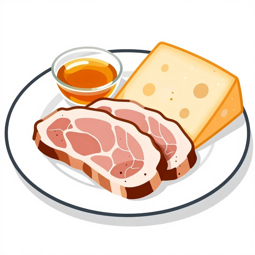 scetch of sliced meat and cheese with honey on a plate