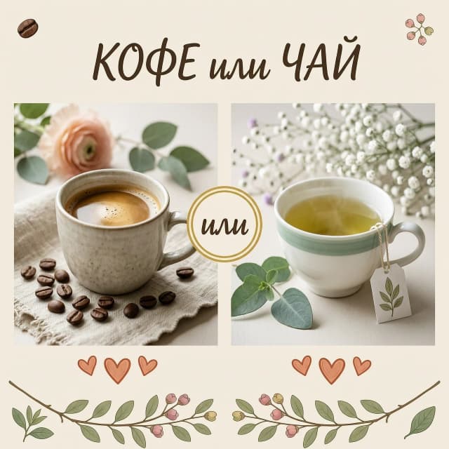 Фотореалистичная композиция «КОФЕ или ЧАЙ» в стиле hygge, пастельная палитра , в бежевых тонах, мягкий свет, 8K.

Кадр поделён пополам: слева — красивая кружка с кофе, кофейные зёрна, льняная ткань, на заднем плане размытый цветок с зелёными листьями; справа — чашка с зелёным чаем, чайный пакетик, веточка зелени, на заднем плане размытый цветок гипсофилы.

Текст: вверху курсивом — «КОФЕ или ЧАЙ»,  ниже - сердечки под кофе и чай, по центру — круг с надписью «или». Внизу — веточками.

Сбалансированная композиция, проработанные текстуры, уютная атмосфера.