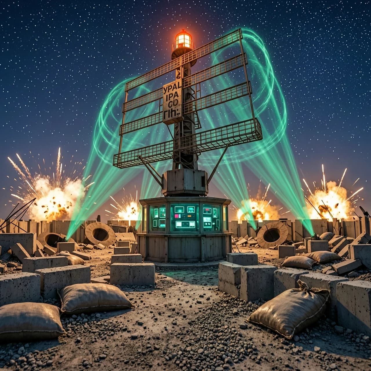 Кадр 1. Широкий план (Establishing Shot). Эмоция: Хаос и масштаб

Композиция: Сверхширокоугольная кинематографическая перспектива, экстремально низкий ракурс (worm's-eye view), создающий монументальность. Массивная вращающаяся антенна-решётка РЛС с чёткой гравировкой «УРАЛ» доминирует в верхней трети кадра, уходя в глубокую перспективу.
Детали локации: От антенны расходятся полупрозрачные, едва уловимые изумрудно-зелёные энергетические пульсации. Внутри кабины управления пульсирует неоновое свечение приборов. Окружение представляет собой хаотичное поле боя: разбросанные бетонные блоки, развороченные мешки с песком, воронки и обломки укреплений.
Освещение: Драматический высококонтрастный свет. Жесткий контровой свет от оранжево-красного аварийного маяка на крыше станции и ослепительные вспышки взрывов на горизонте создают глубокие силуэты и длинные, резкие тени. Небо — бархатное, темно-синее, с гиперреалистичным скоплением ярких звезд.
Действие: На переднем плане Кит (