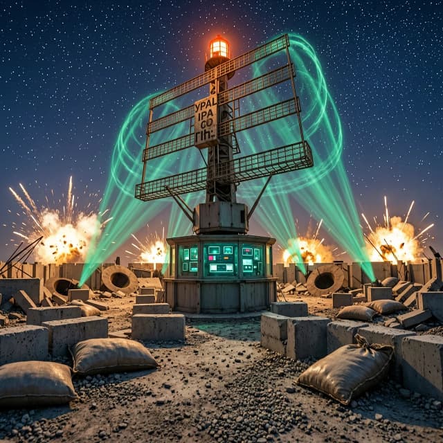 Кадр 1. Широкий план (Establishing Shot). Эмоция: Хаос и масштаб

Композиция: Сверхширокоугольная кинематографическая перспектива, экстремально низкий ракурс (worm's-eye view), создающий монументальность. Массивная вращающаяся антенна-решётка РЛС с чёткой гравировкой «УРАЛ» доминирует в верхней трети кадра, уходя в глубокую перспективу.
Детали локации: От антенны расходятся полупрозрачные, едва уловимые изумрудно-зелёные энергетические пульсации. Внутри кабины управления пульсирует неоновое свечение приборов. Окружение представляет собой хаотичное поле боя: разбросанные бетонные блоки, развороченные мешки с песком, воронки и обломки укреплений.
Освещение: Драматический высококонтрастный свет. Жесткий контровой свет от оранжево-красного аварийного маяка на крыше станции и ослепительные вспышки взрывов на горизонте создают глубокие силуэты и длинные, резкие тени. Небо — бархатное, темно-синее, с гиперреалистичным скоплением ярких звезд.
Действие: На переднем плане Кит (