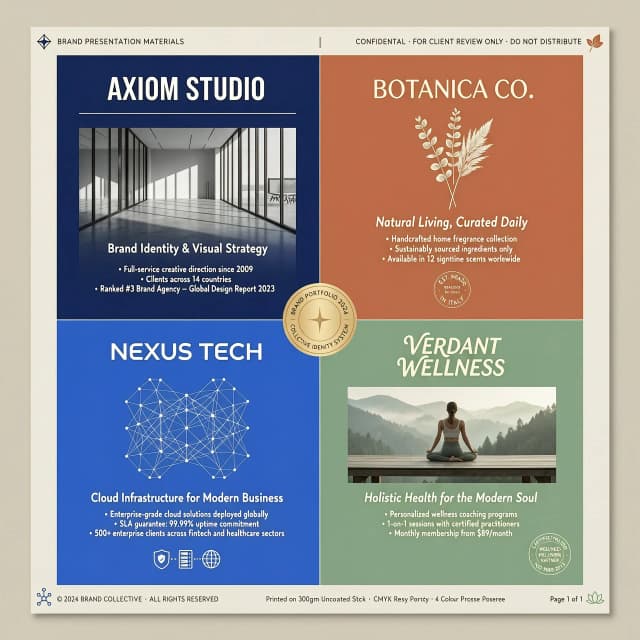 I have 4 brands with 4 different images. I want to create printed advertising material for clients where on the first page I want to place both the images and the necessary information about the brand. Suggest options