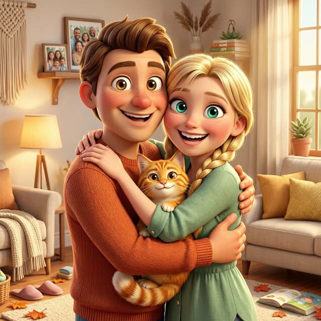 Disney Pixar style 3D animation. A happy husband and wife hugging each other and holding their cute ginger cat. The husband has short brown hair, the wife has long blonde hair in braids (based on the provided photos). Warm volumetric lighting, vibrant colors, cheerful atmosphere, detailed fur texture on the cat, big expressive eyes, 8k resolution, cinematic look.