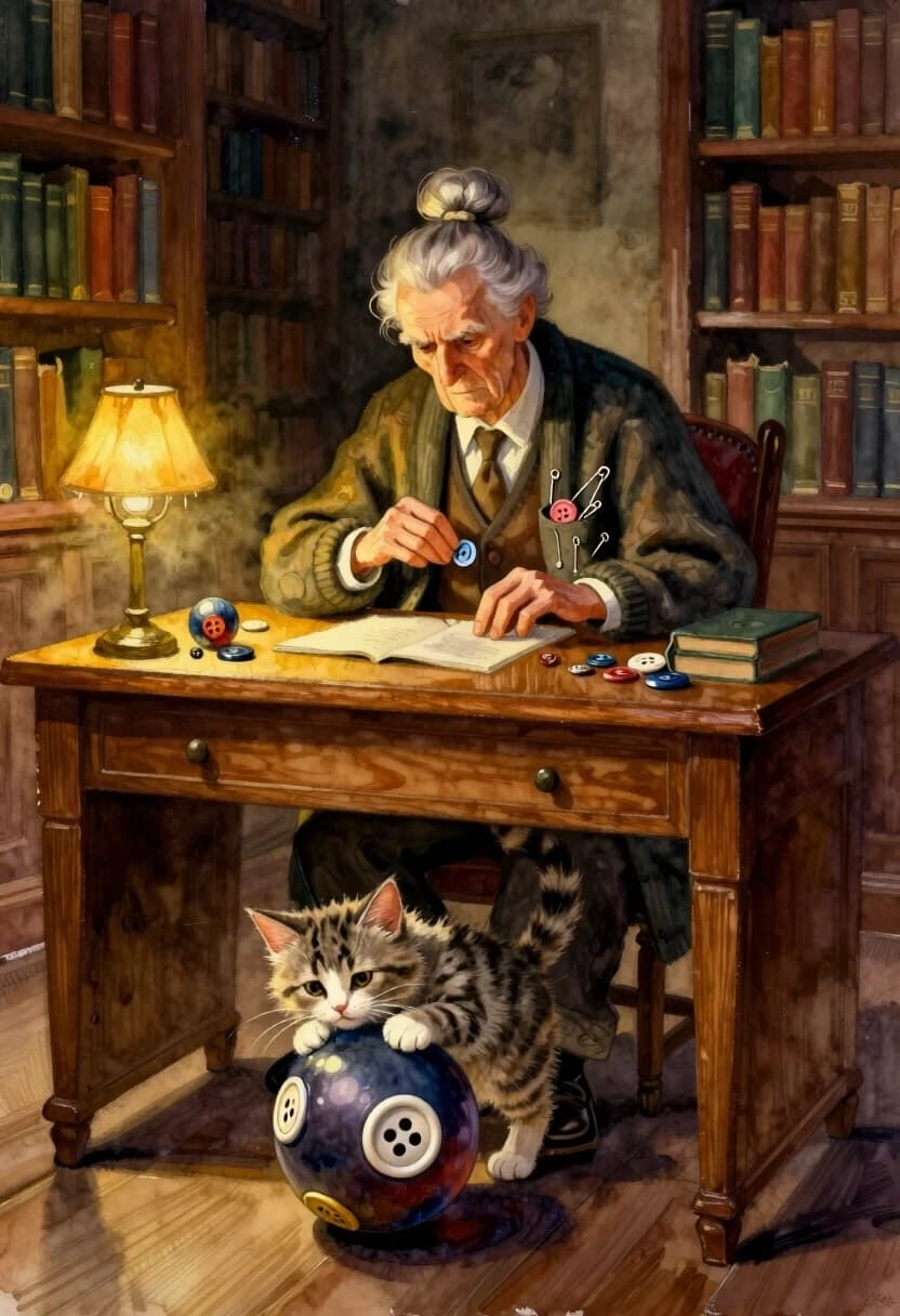 Digital painting style, oil and watercolor blend, rich, deep colors with soft edges and visible brushstrokes. A stern, elderly librarian with a tight bun and a long, flowing cardigan sits behind a massive wooden desk in a towering library. Her hidden habit: she secretly collects buttons. Every time she thinks no one is looking, she plucks a button from her own cardigan or from a stray jacket left on a chair and tucks it into a hidden pocket. The joke is in the details: her cardigan is now held together with safety pins and mismatched thread, but she pretends not to notice. The kitten — a tiny, fluffy tabby — is under the desk, rolling a giant button like a ball, completely oblivious to the gravity of the situation. The kitten’s fur is rendered with soft, fluffy strokes, contrasting with the sharp, detailed wood grain of the desk. Warm, golden lighting from a single lamp, long shadows stretching across the floor. The background is a soft, atmospheric blur of towering bookshelves fading into darkness. Mood: cozy, eccentric, quietly hilarious.