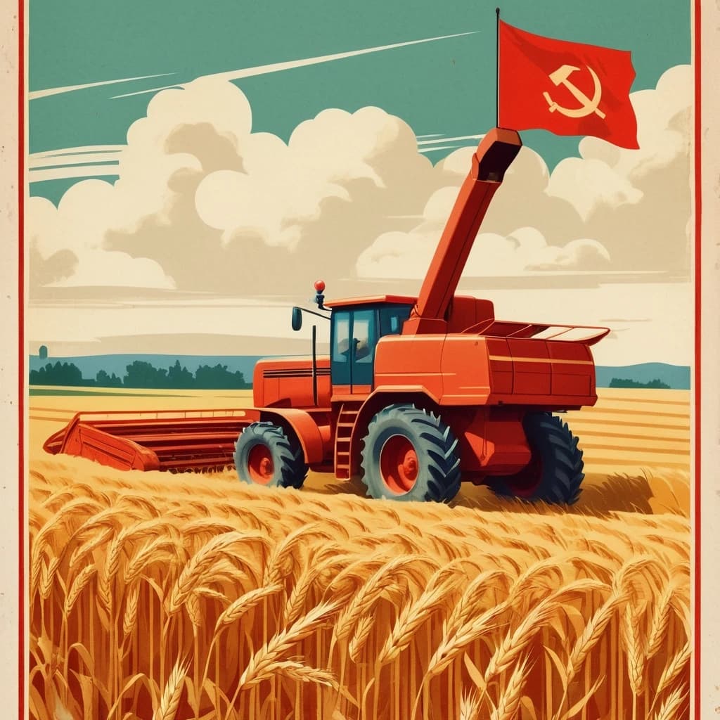 Vertical greeting card for May 9, style of retro Soviet festive postcard / propaganda poster, warm vintage print texture, aged paper with cream border, golden-red color palette. Scene: wheat field with ripe ears. In the background: a red combine harvester working, and nearby stands a large green historical tracked military vehicle (WW2 era) with engine running, light dust and smoke. Crew members in vintage leather helmets wave their hands. Foreground: three characters – left side: young male machine operator in work clothes, hand on steering wheel, confidently looking at viewer; center: smiling soldier in vintage helmet (no weapons visible); right side: smiling female agronomist in white lab coat, holding a journal titled "АПК ЮГ" with cover facing viewer. Bottom decorative composition: a Soviet star-shaped war medal, black-and-orange striped ribbon, red carnations, golden laurel leaves and wheat ears. Top or bottom large text: "9 Мая! Поздравляем!" No extra text, no watermarks, no signatures. Soviet realist illustration, grain, halftone dots, slightly faded offset print texture. --ar 2:3 --v 6 --style raw --stylize 250 --no watermark, signature, extra text, weapon, gun, explosion