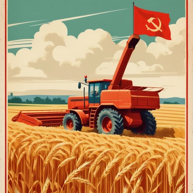 Vertical greeting card for May 9, style of retro Soviet festive postcard / propaganda poster, warm vintage print texture, aged paper with cream border, golden-red color palette. Scene: wheat field with ripe ears. In the background: a red combine harvester working, and nearby stands a large green historical tracked military vehicle (WW2 era) with engine running, light dust and smoke. Crew members in vintage leather helmets wave their hands. Foreground: three characters – left side: young male machine operator in work clothes, hand on steering wheel, confidently looking at viewer; center: smiling soldier in vintage helmet (no weapons visible); right side: smiling female agronomist in white lab coat, holding a journal titled "АПК ЮГ" with cover facing viewer. Bottom decorative composition: a Soviet star-shaped war medal, black-and-orange striped ribbon, red carnations, golden laurel leaves and wheat ears. Top or bottom large text: "9 Мая! Поздравляем!" No extra text, no watermarks, no signatures. Soviet realist illustration, grain, halftone dots, slightly faded offset print texture. --ar 2:3 --v 6 --style raw --stylize 250 --no watermark, signature, extra text, weapon, gun, explosion