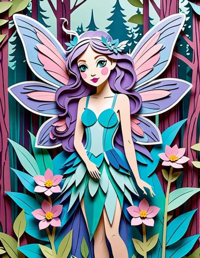 A masterpiece.  Image. Three-dimensional multi-layered paper cutout with the image of a fairy on a flower with clear facial features and expressive eyes against a forest background, multi-layered paper work, a bright palette of lilac, pink, turquoise and shades of blue, high detail, clear edges, clear paper textures, soft shadows between layers, three-dimensional composition, 3D depth, studio lighting, author's style, 8k resolution. High detail and clear texture. High quality. Increased attention to small details. The artist is Russ Mills.