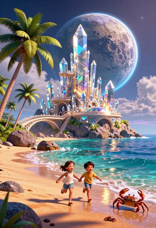 Along the sandy shore, a boy and a girl with happy faces, holding hands, are running towards us in their resort clothes. They are running happily, gazing at the camera. Create a photorealistic cinematic 3D illustration in the style of epic fantasy with hyper‑realistic detail. In the foreground — a tropical beach: warm golden‑orange sand with soft highlights, dark rough boulders at the water’s edge, several palm trees with lush crowns slightly tilted towards the ocean; the leaves are rendered individually, with natural curves and shadows. Near the surf line — several realistic crabs with detailed texture on their shells and legs.

The water is multi‑layered: near the shore it’s clear, with a sandy bottom and small stones; further out it has a deep turquoise‑blue hue with realistic ripples, waves and white foam; on the surface there are light reflections and glints.

A few hundred metres from the shore lies a crystal island‑city: a massive rocky base from which numerous spires, towers and arches rise, made of transparent crystal with internal shimmers — iridescent inclusions, thin veins and glowing facets. The crystals reflect and refract light, creating a prism effect: multicolored highlights on the facets, and a soft golden glow inside. The architecture is complex but harmonious: bridges between the towers, terraces, openwork galleries; the scale emphasizes the grandeur of the structure.

On one of the lower terraces, on the flat face of a large crystal (approximately at the level of the island’s midpoint), there is a small, concise inscription: “SeaArt”: the font is minimalist, sans‑serif, the colour is a muted silver, as if engraved and slightly illuminated from within; the inscription is small in size, it doesn’t dominate, but it is clearly readable against the crystal background.

In the background — a huge, highly detailed planet (or moon) with a realistic surface texture: craters, mountain ranges, cloudy swirls; along the edge — a bright blue glow of the atmosphere. The sky is dark blue, studded with stars; light, translucent clouds are scattered across it, partially obscuring the planet.The palette is contrasting: warm sandy‑brown and green tones of the beach and palm trees against the cool blue‑violet hues of the ocean and sky; the crystal city unites both ranges thanks to its iridescent shimmers and warm internal glow. Lighting — dramatic: the main source is the internal glow of the crystals and the reflected light of the planet; soft warm highlights on the sand and water, sharp cold reflections on the crystal faces.

Level of detail — maximum: work out every grain of sand, every vein on the palm leaf, every crystal face, the texture of the crab, individual stars, the micro‑relief of the planet’s surface, the thin clouds. Style — epic fantasy with cinematic framing, designed for a 16:9 format with high definition.