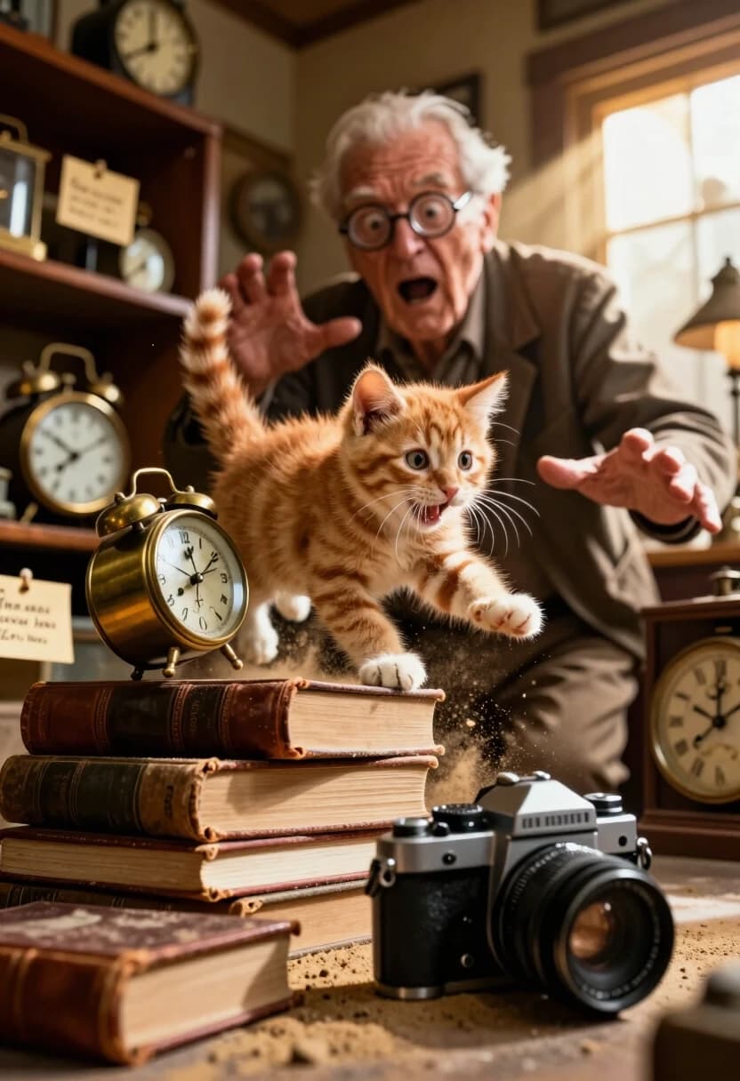 Extreme low-angle, wide-shot macro photography in a dusty, sun-drenched vintage curiosity shop. The camera is placed almost on the floor, creating a dramatic sense of scale. A tiny, impossibly fluffy ginger kitten has just leaped onto a precarious stack of antique leather-bound books and old clocks. The moment captured is the peak of the action: the stack is tilting, and a beautiful, ornate brass clock is sliding off, about to crash.

The kitten’s face is a masterpiece of chaotic joy—eyes wide with excitement, paws outstretched, whiskers twitching. In the background, the shop owner, an elderly man with a warm, wrinkled face and round spectacles, is frozen in a state of comical shock, his mouth open and hands reaching out in a desperate, futile attempt to save the clock. His expression is a mix of horror and love for the pet.

The background is a blur of warm, mahogany shelves, hand-written price tags on yellowed paper, and flickering vintage lamps. Dust motes dance in the golden light beams. The depth of field is shallow, making the kitten and the falling clock pop with incredible 3D volume. Hyper-realistic textures: the softness of the kitten's fur, the cold metallic sheen of the brass, and the rough grain of the old wood.

Keywords: extreme low angle, dynamic action, fluffy kitten chaos, comical shock, vintage curiosity shop, hyper-realistic textures, volumetric golden light, cinematic depth of field, 8k resolution.