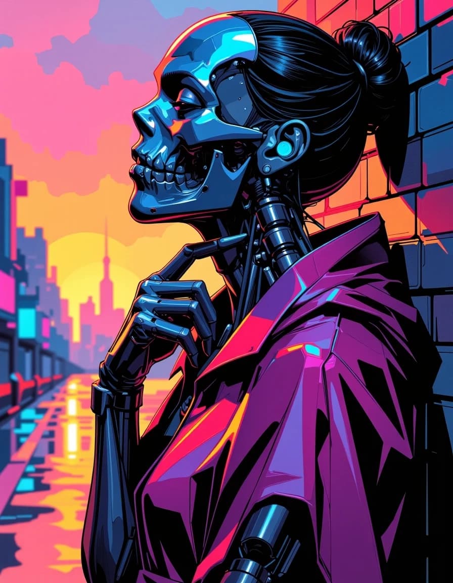 A masterpiece,  in the style of the 1980s, with bold lines, dynamic strokes and rich textures, on background with a touch of nostalgia, perhaps with subtle drawings inspired by cellulose and vintage, worn textures similar to paper, oil painting, Cyberpunk poster of a female android with a humanoid skull face and exposed biomechanical anatomy, three-quarter close-up leaning against a graffiti-covered brick wall in the rain at sunset, metallic skeletal jaw, glowing blue ocular implant, intricate visible circuitry and pneumatic pistons, braided bun with loose wires, delicate hand to chin pose, torn red fabric draped like a shredded cloak over mechanical torso, neon cyan and magenta light tracing pathways across polished metal plates, dripping rain and warm orange backlight from a distant city skyline, neon signs and holographic billboards blurred bokeh in background, high detail, photorealistic illustration hybrid, cinematic rim lighting, strong contrast and saturated colors, scratched metal texture, realistic water droplets, dynamic composition, vertical poster orientation , ultra-detailed, 4k, dramatic atmosphere, moody yet vibrant, painterly highlights and crisp mechanical realism. celshading, simple background
