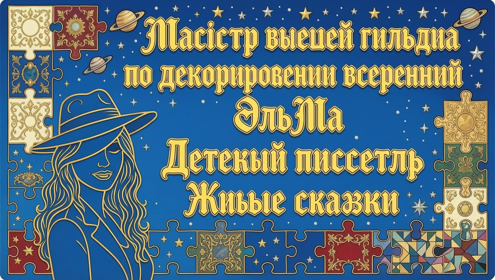 Представьте себе визитную карточку редкой профессии. Расположите гармонично строки текста. Шрифт на русском языке с засечками, представляет из себя фигурное произведение искусства, сочетающее в себе гармонию средневекового готического шрифта с эстетикой стиля Палех. Буквы читаются отлично, каждая выделена золотистой обводкой. 
Текст 1-й строки: «Магистр высшей гильдии по декорированию вселенных».
Текст 2-й строки: «ЭльМа».
Текст 3-й строки: «Детский писатель».
Текст 4-й строки: «Живые сказки».
В левой стороне визитной карточки изображение силуэта привлекательной женщины с длинными вьющимися волосами в элегантной шляпе, приспущенной на глаза, виден лишь контур красивых губ с таинственной лёгкой улыбкой; изображение выполнено тонкой золотистой линией.
Фон: Ярко-синий с серебристыми блёстками космос с яркими астрономическими звёздами и планетами, состоящий из крупных пазлов. Каждый пазл имеет разный цвет и стиль изображения декора. Например, один пазл в стиле рококо, другой пазл в стиле модерн, третий пазл в стиле барокко, четвёртый пазл в стиле пуантилизм, пятый пазл в стиле кубизм и так далее. При этом пазлы составляют гармоничную композицию фона визитной карточки. Включите яркие алые и изумрудные акценты. Высокая детализация, 8К.
