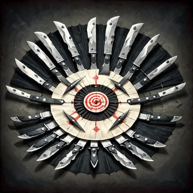 Square icon for a game. Many knives arranged in a fan. No border. No text. Dark tones.