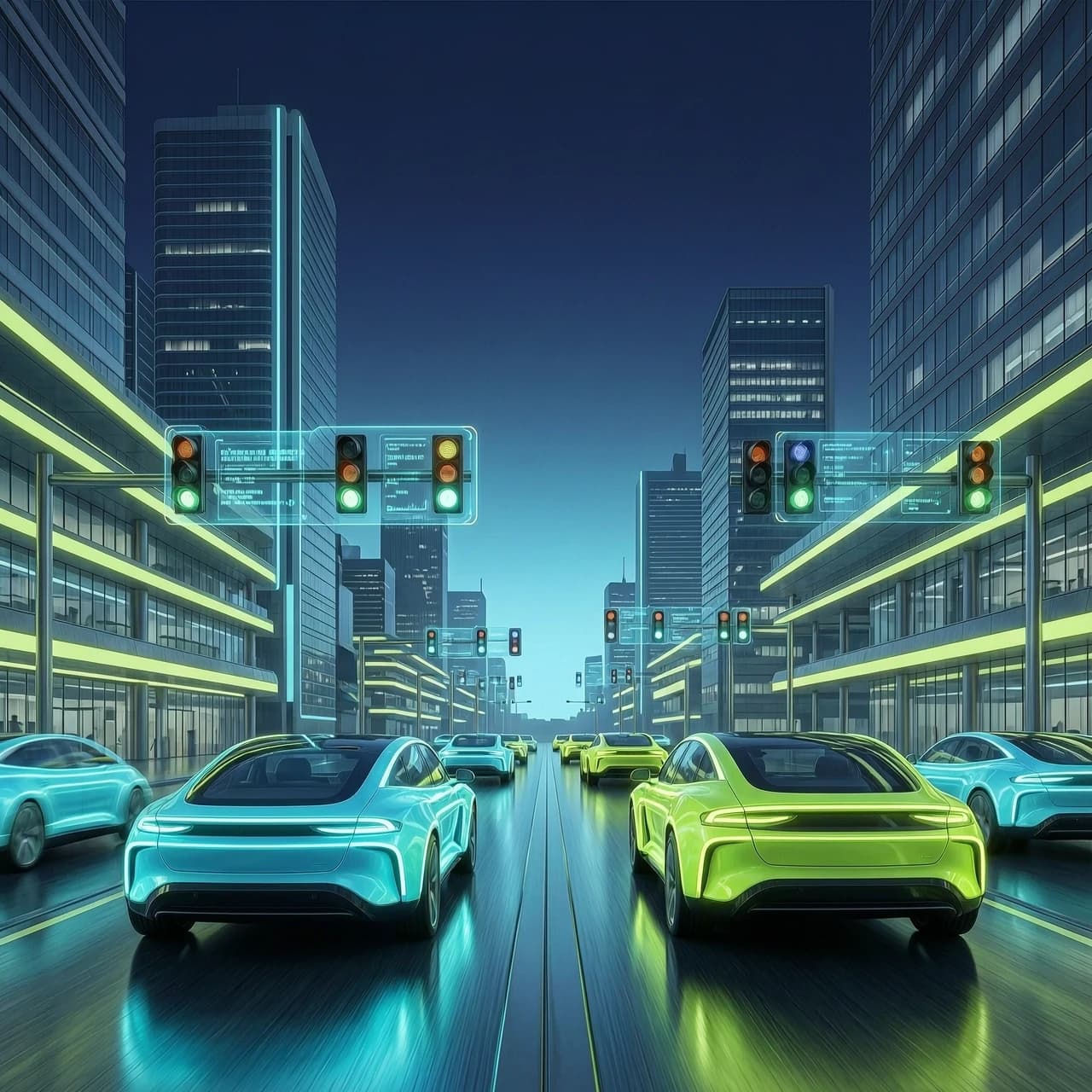 Futuristic city street at night, self-driving cars with glowing neon cyan and acid green lines, smart traffic lights with holographic data, wide 16:9 composition, dark navy blue (#0A192F) sky, soft gradient from dark blue to neon cyan (#00E5FF), subtle acid green (#AEEA00) accents, blurred motion, high-tech urban environment, clean and modern, no text, no logos, no people, depth of field, cinematic lighting, 4k, photorealistic.